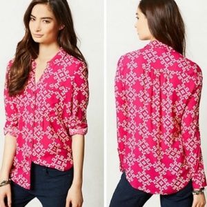 Anthropologie Maeve 3/4 Sleeve Blouse Buttons Pink